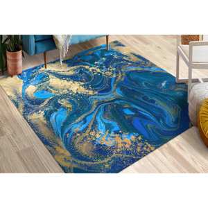 Tapis en encre alcoolisée bleu et or : Décoration de bureau scintillante, tapis en chenille - Product Image 1