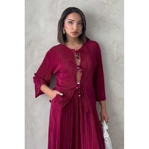 Blusa Elegante con Lazo Frontal y Pliegues para Mujer, Marca TOPSHOW, Color Sólido, Tejido de Algodón y Poliéster, Manga Larga, para Uso Diario - Product Image 3