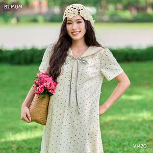 Robe de maternité V1420 pour l'été, col marin frais, motif cœur, matière en spandex - extensible, respirante, absorbant la transpiration, vente en gros - Product Image 3