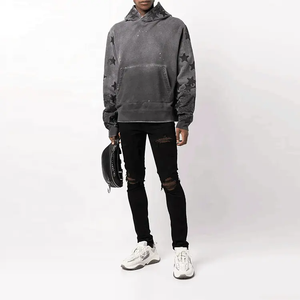 Sudaderas con capucha lavadas con ácido y parche de estrella con bordado desgastado de rizo de 400GSM estilo callejero Unisex Vintage personalizadas - Product Image 3