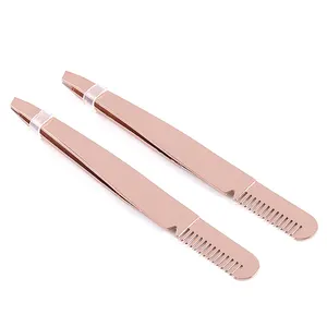 Professional Quality Slanted Tip Type and Stainless Steel Material Gold Comb Eyebrow Tweezers