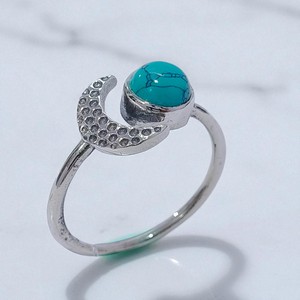 Bague ouverte réglable en argent sterling 925, design tendance soleil et lune, pierre turquoise, bague de mariage superposée soleil lune pour homme et femme - Product Image 2
