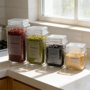 Bocal en verre carré moderne avec couvercle en <span class=keywords><strong>plastique</strong></span> hermétique pour comptoir de cuisine et présentoir sur étagère - Product Image 3