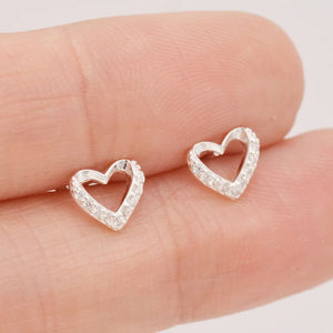 Aretes Pequeños y Lindos al por Mayor, Oro Blanco Puro de 14K o Plata, con Diamantes de Laboratorio, Diseño de Corazón Hueco, para Uso Diario y Fiestas, Regalo para Niñas - Product Image 1