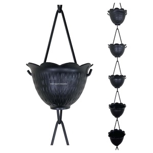 Cadena de lluvia de taza de flor de hierro hecha a mano con revestimiento de polvo negro, cadena de lluvia decorativa de jardín para decoración de hogar y jardín - Product Image 1