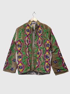 Floral Embroidered Velvet Jacket Mandarin Collar Full Sleeve Prairie Chic Style Women's Plus Size <b>Winter</b> Wear - Product Image 2