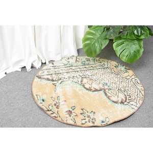 Turkish 2.3x2.3 ft Eco-Friendly Traditional <b>Wool</b> Rug Vintage Round Rug <b>Brown</b> Patchwork Latex Backing Rug - Product Image 3