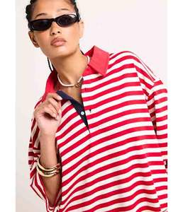 Camiseta de Mujer a Rayas 100% Algodón/Poliéster, Manga Corta, Manga Raglán, Cuello con Solapa, Estilo Holgado y Cuadrado, Verano - Product Image 1