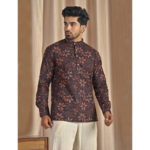 <b>Men's</b> Casual <b>Black</b> Cotton Printed Short <b>Kurta</b> with Full Sleeves - Product Image 5