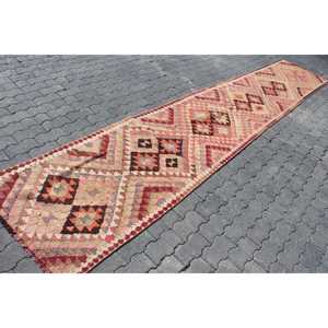 Vintage Turkish Rug 2.7x14.4 ft (82x440 cm), Kilim <b>Red</b> <b>Wool</b> Rug - Product Image 3