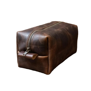 Genuine Leather Toiletry Bag Vintage Style Zipper Closure Soft Handle Large Capacity Cosmetic Travel <b>Case</b> for Men and Women - Product Image 6