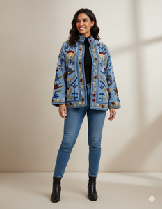 Veste d'hiver décontractée réversible en velours brodé Suzani, écologique, avec doublure en coton, design respirant pour femmes - Product Image 1