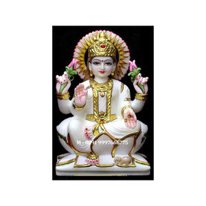 Statue de la déesse Lakshmi en marbre blanc naturel, aspect très attrayant, position assise sur lotus, surface brillante, utilisée pour la décoration intérieure - Product Image 1