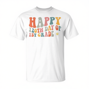 T-shirt retrò per bambini per il 120° giorno di scuola della prima elementare, girocollo, manica corta, unisex, stampata serigrafica - Product Image 3