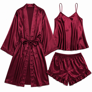 Women’s Satin 3 Piece Pajama Set Kimono Robe <b>Spaghetti</b> Strap Camisole Ruffle Shorts Luxury Silk Feel Bridal Sleepwear Summer Lou - Product Image 3