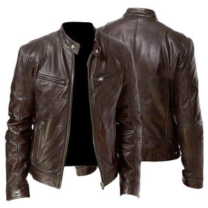 Veste en cuir PU respirante et écologique pour hommes, vente en gros, manches longues, col montant, tissu en toile, veste pour hommes - Product Image 1