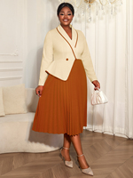 ADR051026 Robe élégante à col en V et manches longues, robe basique à contraste de couleur, robe plissée décontractée mi-longue