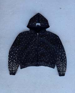 OEM Sweats à capuche sérigraphiés personnalisés à fermeture éclair épaisse 100% sweat à capuche en coton Streetwear personnalisé Sweat à capuche zippé avec strass - Product Image 6