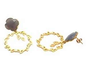 Pendientes con forma de trébol de plata de ley 925, Gema de Calcedonia gris, novedad - Product Image 1