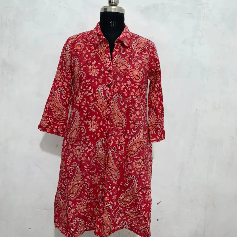 Gaun tunik katun motif blok merah gaun katun longgar pakaian kasual untuk wanita