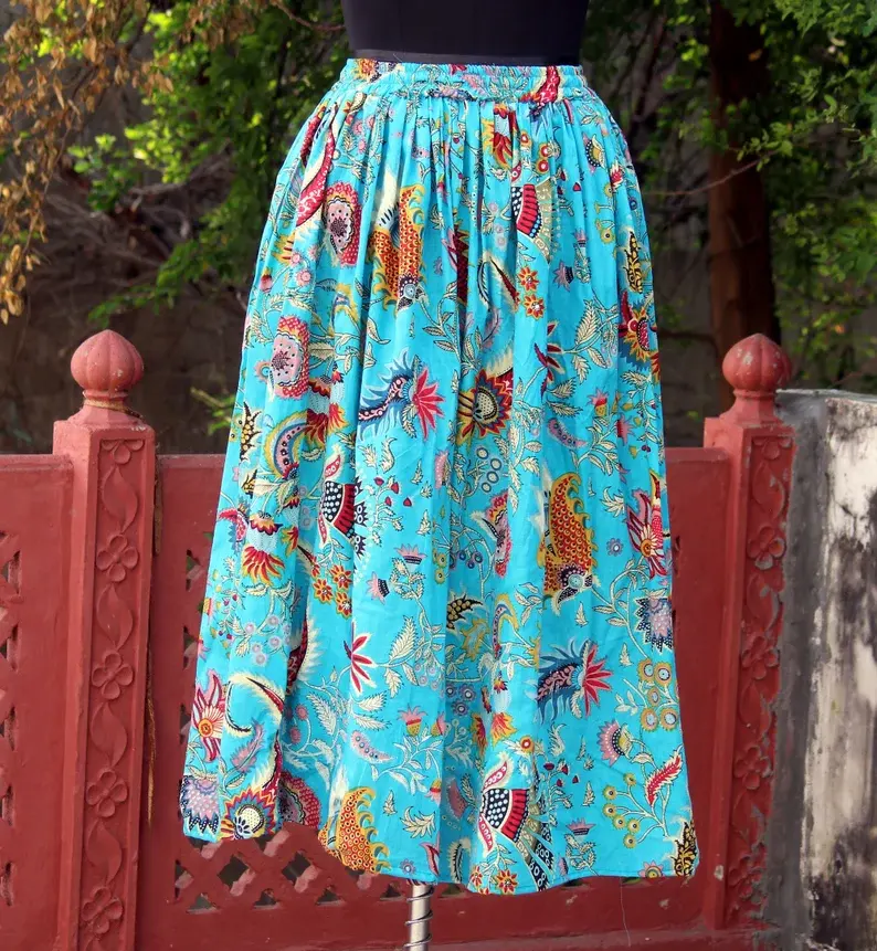 Ấn Độ làm bằng tay nhiều màu bông vải truyền thống tay khối in dài quấn maxi váy