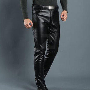 Custom Made <b>Men's</b> <b>Leather</b> <b>Pants</b>-Dark Mid Waist Lightweight Casual Style with Customized Logo and Design - Product Image 5