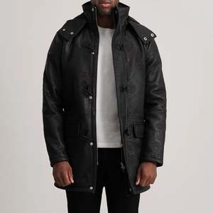 <b>Men's</b> Distressed Black Leather <b>Duffle</b> <b>Coat</b> - Product Image 1