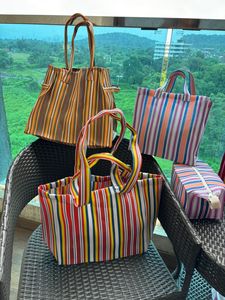 Eco-Friendly Custom Reusable Zipper Nylon Recycled Shopping Bag Striped Handloom Woven <b>Plastic</b> Beach Bags India High Quality - Product Image 4