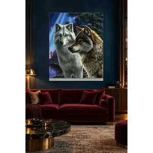 Impression sur toile : Paire de loups sous les aurores boréales - Product Image 1