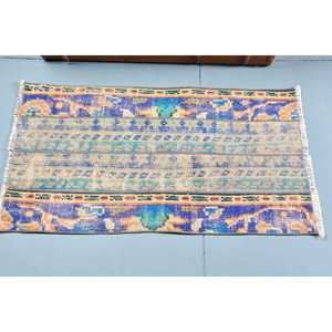 Alfombra Turca Vintage de Lana Azul, 1.9x3.6 pies (59x110 cm) - Product Image 3