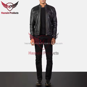 <b>Mens</b> Real Black Leather <b>Jacket</b> Contrast Stitch Band Collar Sheepskin Cafe Racer Coat Custom Vintage Winter Biker Outerwear - Product Image 2