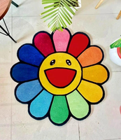 Takashi Murakami, alfombra moderna hecha a mano de lana copetuda, 3x3 pies, flor colorida y Diseño de Sonrisa para sala de estar, dormitorio, comedor