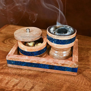 Venta caliente árabe Ramadán juego de regalo cuadrado no eléctrico Bakhoor quemador bandeja madera madre perla incrustaciones resina azul vela de madera - Product Image 1