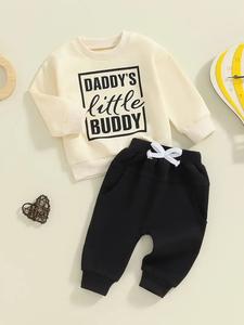 Ensemble de vêtements pour garçon en bas âge de haute qualité, teint en pièce, 100% coton, imprimé lettres, sweat-shirt à manches longues, pantalon uni - Product Image 5