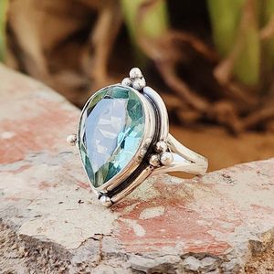 Anillo de Plata de Ley 925 con Engaste de Bisel en Forma de Pera para Mujer, con Piedra Preciosa de Aguamarina Clásica, para Bodas y Fiestas - Product Image 4