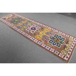 Vintage Turkish Rug 3.2x10.6 ft Eco Friendly Herki <b>Brown</b> Bordered Patchwork <b>Wool</b> Rug with Latex Backing - Product Image 2