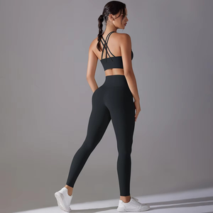 Ensemble de vêtements de sport pour femmes, taille haute, manches courtes, respirant, sans couture, nylon et élasthanne, motif uni, 2 pièces, yoga, gym - Product Image 4