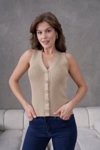 Stylish Casual Women's Corduroy <b>Knitted</b> Vest Winter Cotton Outer Wear with Button Decoration <b>Waistcoat</b> Length - Product Image 5
