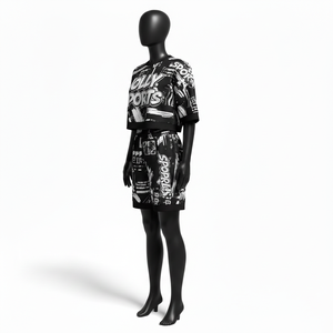 Ensemble court pour femme en coton et polyester de qualité supérieure, tissu French Terry noir, logo sublimé sur toute la surface, haut court et short 100% coton - Product Image 4