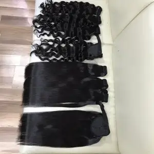 top brazilian human hair Ponytail Extensions Straight body wavy cuticle aligned natural black color hair wholesale price