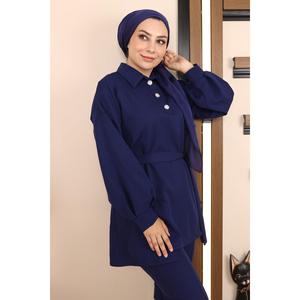 Ensemble décontracté Indigo MSW19129-2, longueur midi, avec boutons et ceinture décorative, disponible en tailles XS S M L XL 2XL 3XL, tissu pour filles - Product Image 2