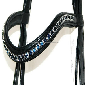 Bandeau de tête pour cheval en cuir épais avec rembourrage doux en cuir de vache, cousu et décoré de cristaux de 6 mm, bleu marine foncé, bandeau de tête brillant - Product Image 6