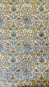 Tissu indien 100% pur coton tissu bloc à la main imprimé Floral Design verge d'or jaune fougère vert cacahuète marron pour sacs housses - Product Image 3