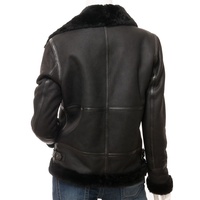 Blouson bombardier en cuir pour femme B-3-noir peau de mouton avec doublure en fausse fourrure noire veste de Moto en peau de mouton
