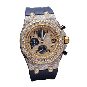 Montre de haute qualité sertie de diamants en moissanite bleue + caoutchouc, clarté VVS, analogique noire, quartz, verre intelligent, tendance, vente en Inde - Product Image 1