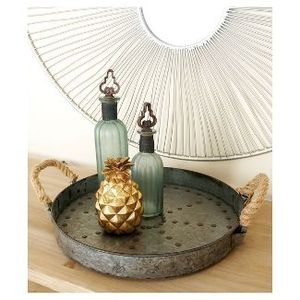 Stylish Farmhouse Round Galvanized Metal Serving <b>Tray</b> With Rope Handle Kitchen Ware Food & <b>Drinks</b> Serving <b>Trays</b> - Product Image 2