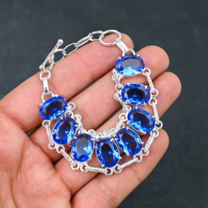 Pulsera de estilo de cadena de piedras preciosas de iolita azul creada en laboratorio, joyería de diseñador chapada en plata 925 hecha a mano, regalo de 7 a 8 pulgadas para mujer - Product Image 2