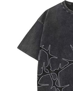 T-shirt unisexe en coton noir délavé surdimensionné, imprimé abstrait de pointes, délavage acide, épaules tombantes, streetwear, décontracté, pour l'été - Product Image 3