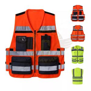 Chaleco de seguridad de diseño personalizado con múltiples bolsillos y color reflectante naranja de seguridad con bolsillos azules - Product Image 1