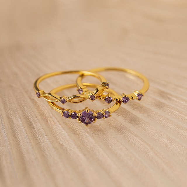 Amethyst Ring Set 925 Silver Gold Plated Stackable Everyday Gemstone Rings Amethyst Birthstone Jewelry Birthday Gift for Wife